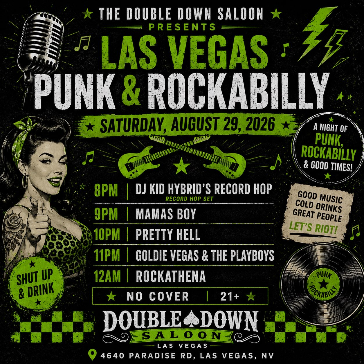 Official flyer for Las Vegas Punk & Rockabilly: DJ Kid Hybrid + Mamas Boy + Pretty Hell + Goldie Vegas & The Playboys + Rockathena