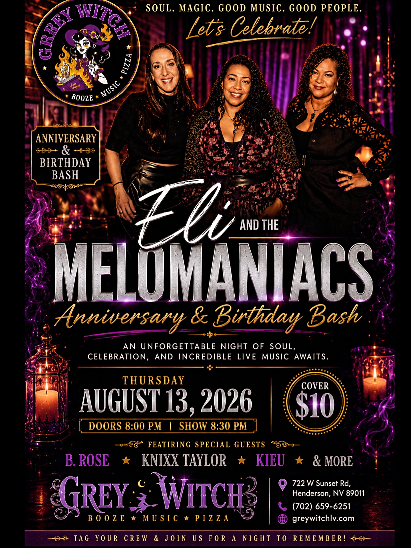 Official flyer for Eli & The Melomaniacs + B. Rose + Knixx Taylor + Kieu