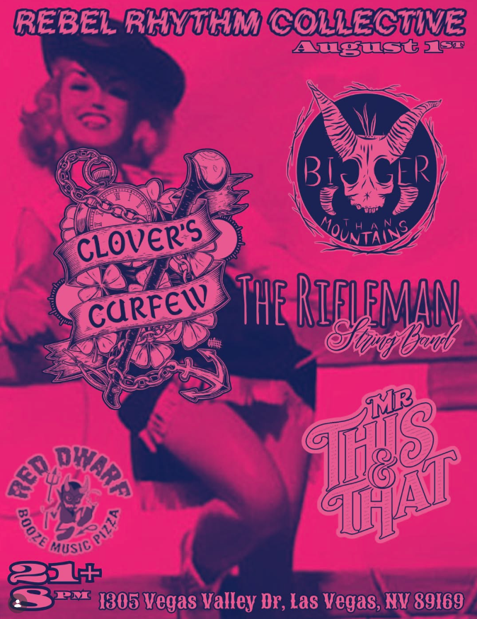Official flyer for Clover Curfew + The Rifleman String Band + Mr. This & That